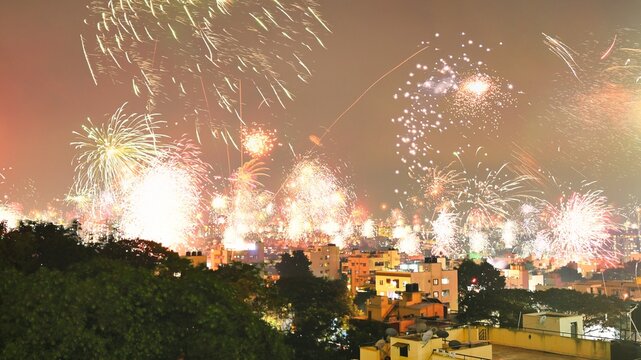 Series of colorful fireworks over the skyline of Bangalore City during Diwali Festival