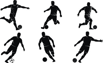 Soccer player silhouettes, football action poses, dribbling, kicking, running, ball control, black icons, sports motion layout, athletic design