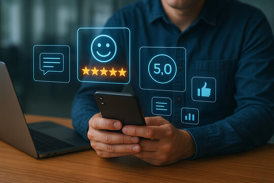 A person uses a smartphone showing glowing icons for five-star review, a happy face, a 5.0 score, comments, and a like button, symbolizing excellent customer feedback and service rating
