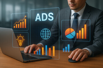A businessman works on a laptop with glowing charts, graphs, a light bulb, and the word "ads," illustrating digital marketing, business analytics, advertising, and strategic planning
