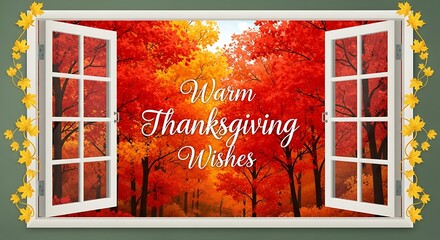 Send warm Thanksgiving wishes with this cozy autumn scene through a window for heartfelt greetings