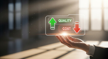 Businessman showing conceptual interface for quality improvement and cost reduction strategy with upward and downward arrows, floating above open palm in bright office environment