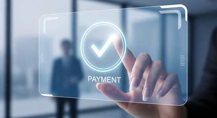 Finger tapping a futuristic payment confirmation button on a transparent digital interface in a modern office setting for secure financial transactions and e-commerce success