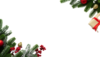 Christmas decorations with red ornaments, green foliage, and a gift box in the corner on a solid white background