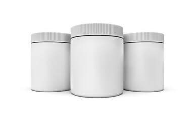 Three Minimal White Plastic Jars Mockup on White Background