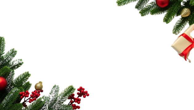 Christmas decorations with red ornaments, green foliage, and a gift box in the corner on a solid white background