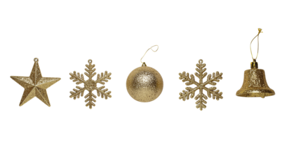 Gold holiday ornaments including a star, snowflakes, a ball, and a bell arranged in a line on a white background cutout