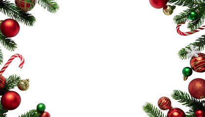 Christmas border of pine branches, red and gold ornaments, and candy canes in the corners of the frame on white