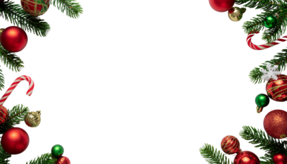Christmas border of pine branches, red and gold ornaments, and candy canes in the corners of the frame on white