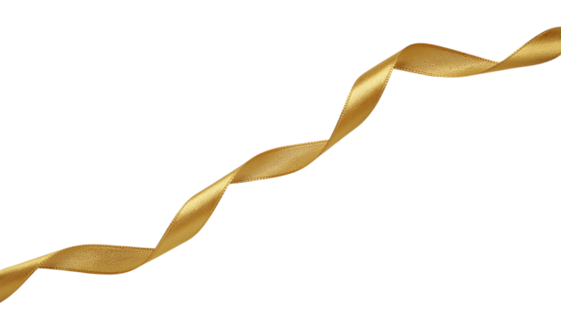 A single piece of golden ribbon twisted elegantly in a flowing shape across a plain white background and no background