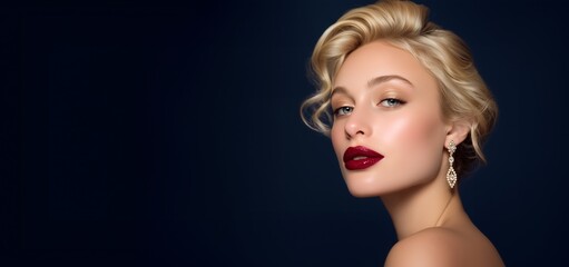 Naklejka premium Blonde woman with red lips and elegant hairstyle on dark blue background