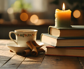 Cozy hygge still life with books, candle and cup of tea on wooden table