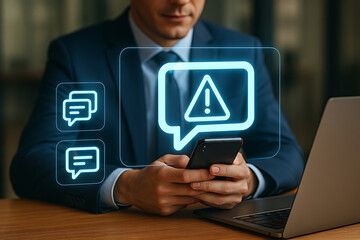 A businessman holds a smartphone displaying a glowing warning triangle icon in a speech bubble, alongside other chat icons, representing important alerts, notifications, and instant communication