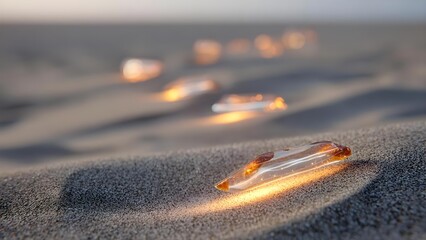 Amber glass shards on wet sand, glowing in warm sunset light. Concept Amber Glass, Wet Sand Glow, Sunset Light, Shard Reflections, Coastal Still Life
