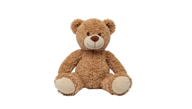 A stuffed brown teddy bear with light beige paws sitting upright and facing forward on clean white background