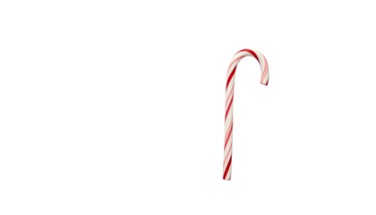 A single candy cane with red stripes and a curved shape, standing upright, isolated on white background