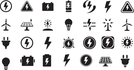 Collection of energy icons representing various sources of power in simple black silhouette style for design resources