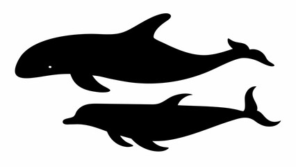 Fototapeta premium Two black silhouettes of dolphins swimming gracefully in the ocean on a white background vector image