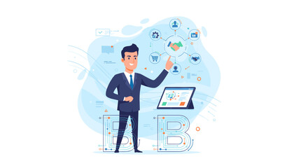 Business-to-business marketing concept illustration: A smiling businessman in a suit interacts with a digital interface, showcasing a network of business connections, handshake icons, and a shopping