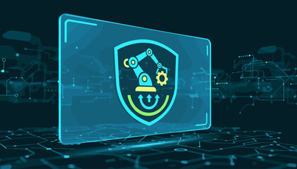 Futuristic holographic display showcasing a vibrant blue and yellow shield icon with a robotic arm and gear, symbolizing automation management and advanced technology, set against a dark, circuit