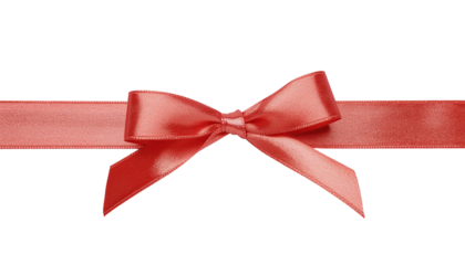 A red satin ribbon tied in a bow, horizontally centered, with a slight sheen visible on transparent background
