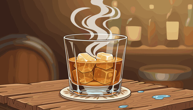 Aromatic whiskey or bourbon served neat in a crystal glass with ice cubes and steam rising, placed on a wooden bar counter with a barrel and bottles in the background, evoking a cozy and