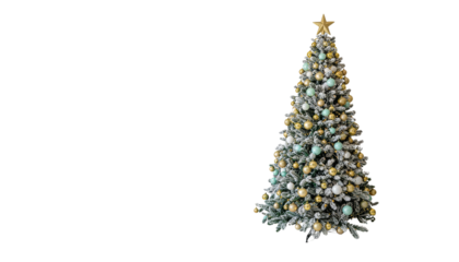 Christmas tree decorated with gold star and ornaments in gold, silver, and blue colors on clean white background