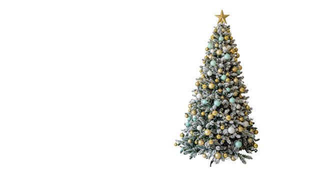 Christmas tree decorated with gold star and ornaments in gold, silver, and blue colors on clean white background