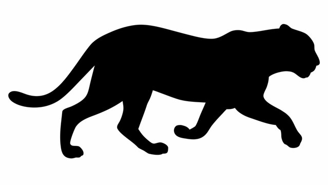 Silhouette of a black panther walking with its tail curled up and its head facing towards the right side