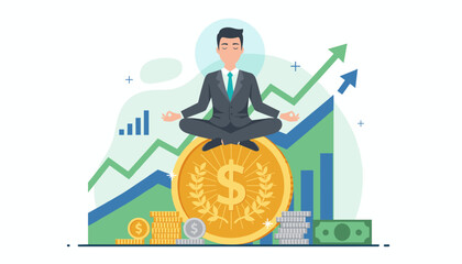 Zen businessman meditating on a giant golden coin, symbolizing financial stability and inner peace amidst rising stock market graphs and stacks of currency, representing wealth management and