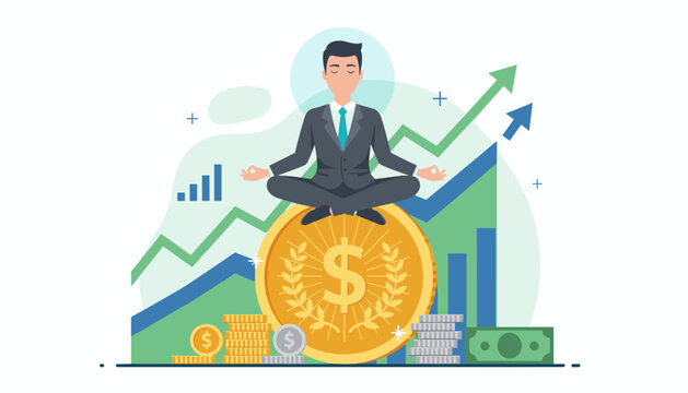 Zen businessman meditating on a giant golden coin, symbolizing financial stability and inner peace amidst rising stock market graphs and stacks of currency, representing wealth management and