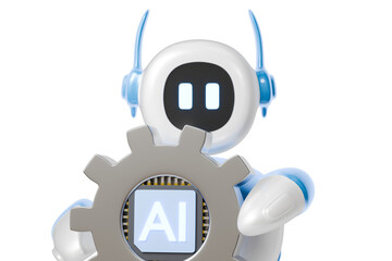 3d ai robot holding gear icon. ai automation concept. Minimal cartoon robot bot mascot gear for SaaS landing page banner. isolated on white background. 3d render.