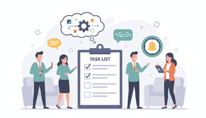 Business team collaborating on a task list and strategy planning, with icons representing communication, workflow, and deadlines, symbolizing effective project management and teamwork in a modern