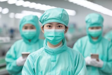 Electronics manufacturing assembly, Healthcare workers in sterile attire inside a facility.