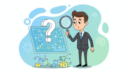 Curious businessman in a suit examines a large question mark and a digital circuit board with a magnifying glass, symbolizing research, problem-solving, and the pursuit of knowledge in technology and