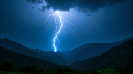 A lightning bolt lights up a stormy sky over the mountains.