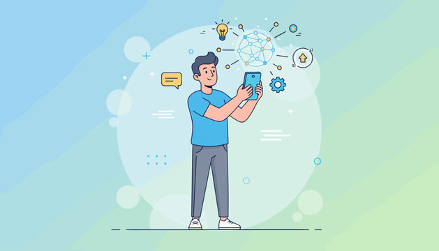 Modern man holding a smartphone, interacting with a glowing global network of connections, symbolizing technology, communication, and innovation, with icons for ideas, chat, and gears in a clean