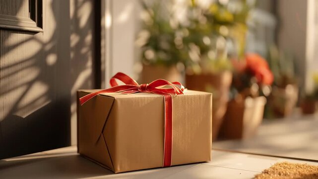 Gift box with red ribbon on doorstep in sunlight, holiday delivery or surprise present concept in warm festive atmosphere