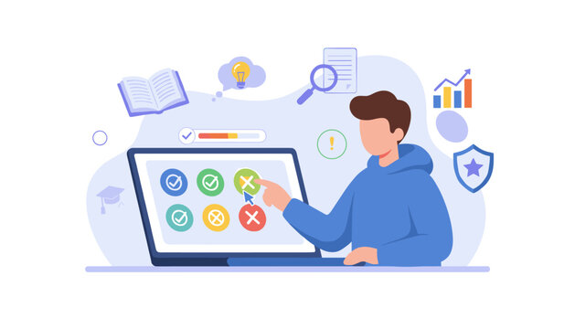 Modern flat illustration of a young person taking an online exam on a laptop, with icons representing education, success, and progress, symbolizing digital learning and assessment in a contemporary