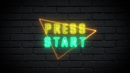 Retro gaming neon sign glows on a brick wall, inviting players to press start in a nostalgic arcade atmosphere - Powered by Adobe