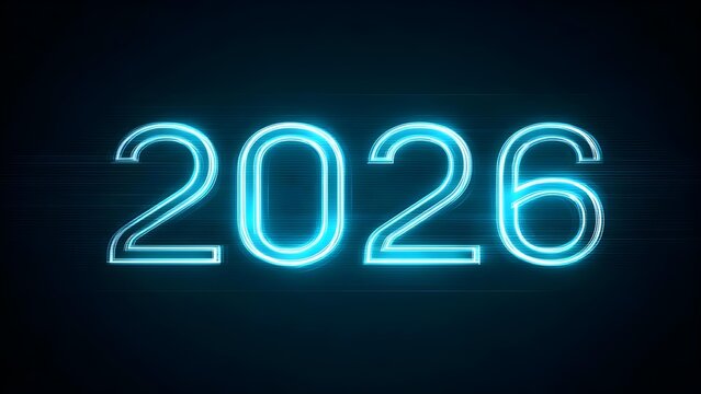 Glowing neon blue digits forming the number 2026 on a dark background. Concept Neon blue digits glow on a dark background, Electric blue typography 2026