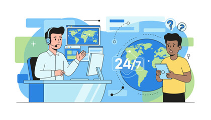 Vivid vector illustration depicting a 24/7 customer service hotline with a friendly male operator wearing a headset, assisting a confused customer holding a tablet, with a world map and digital