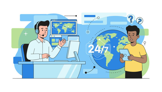 Vivid vector illustration depicting a 24/7 customer service hotline with a friendly male operator wearing a headset, assisting a confused customer holding a tablet, with a world map and digital