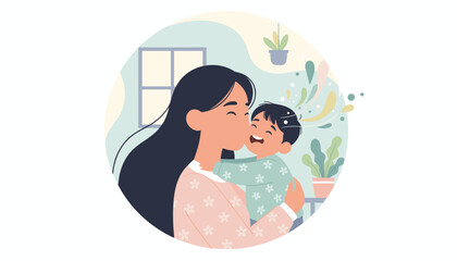 Vibrant illustration of a loving Asian mother embracing her joyful child, sharing a tender moment of affection and happiness indoors with plants and a window in the background, symbolizing family