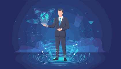 Futuristic businessman in a suit holding a tablet, interacting with a holographic projection of the Earth and various digital icons, representing artificial intelligence, technology, and global