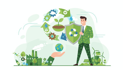 Vivid illustration of a businessman in a suit adorned with green leaves, holding a shield with the recycling symbol, symbolizing environmental protection and a bio-circular green economy, with a