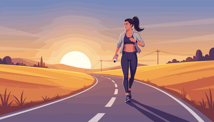 Vibrant illustration of a fit woman with a ponytail, wearing athletic wear, walking on a winding rural road during a golden sunset, holding a water bottle, embodying health and outdoor activity.
