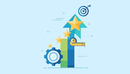 Business concept vector illustration depicting growth and success with upward trending bars, stars, a target, a gear, and a measuring tape, symbolizing progress, achievement, and strategic planning