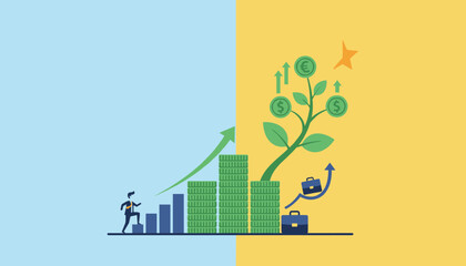 Conceptual illustration of financial growth and career advancement, depicting a businessman climbing a bar chart, stacks of coins, a money tree with euro and dollar symbols, and briefcases