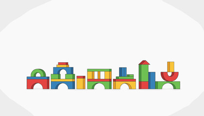 A vibrant row of colorful building blocks, arranged in a modern flat vector style, showcasing arches, towers, and geometric shapes, perfect for educational or creative themes.